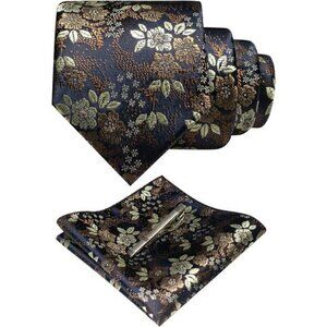 Floral Necktie Set Men Silk Tie Pocket Square Tie Clip Formal Wedding Suit